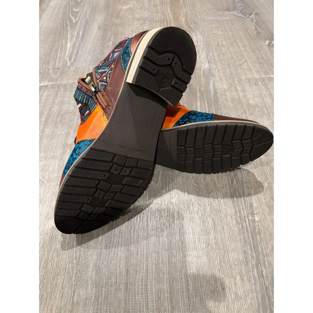 Bohemian Ankle Boots, Leather Accent, Colorful Fabric, Lace-Up, Side Zip‎ Sz 40